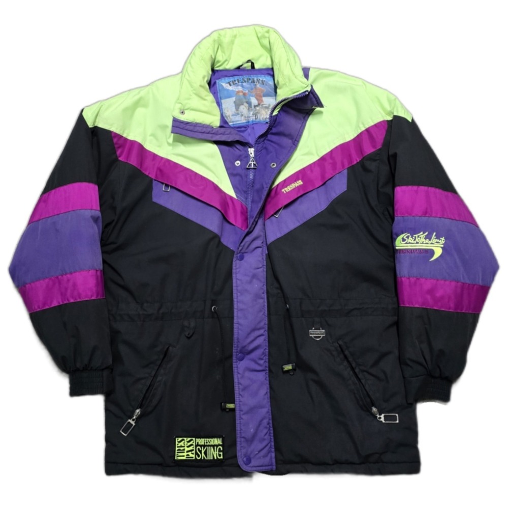Vintage Trespass Ski Jacket Womens M Purple Colorblock Hidden Hood‎ 80s 90s Coat